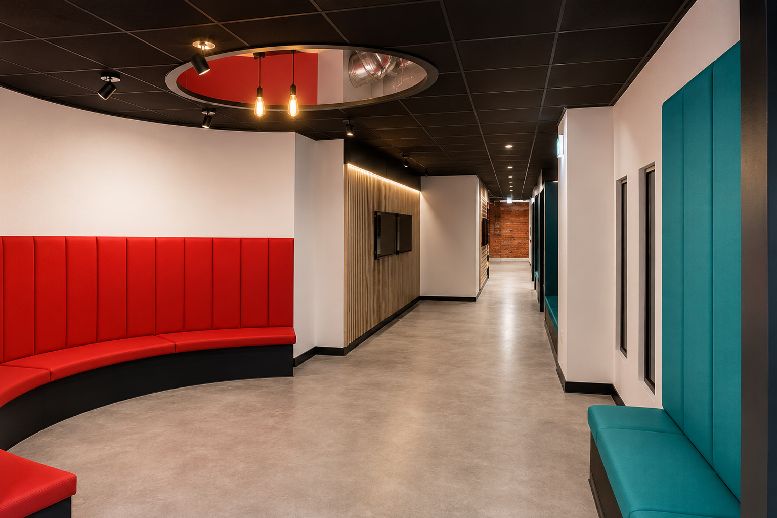 Finished college reception — curved seating, feature ceiling