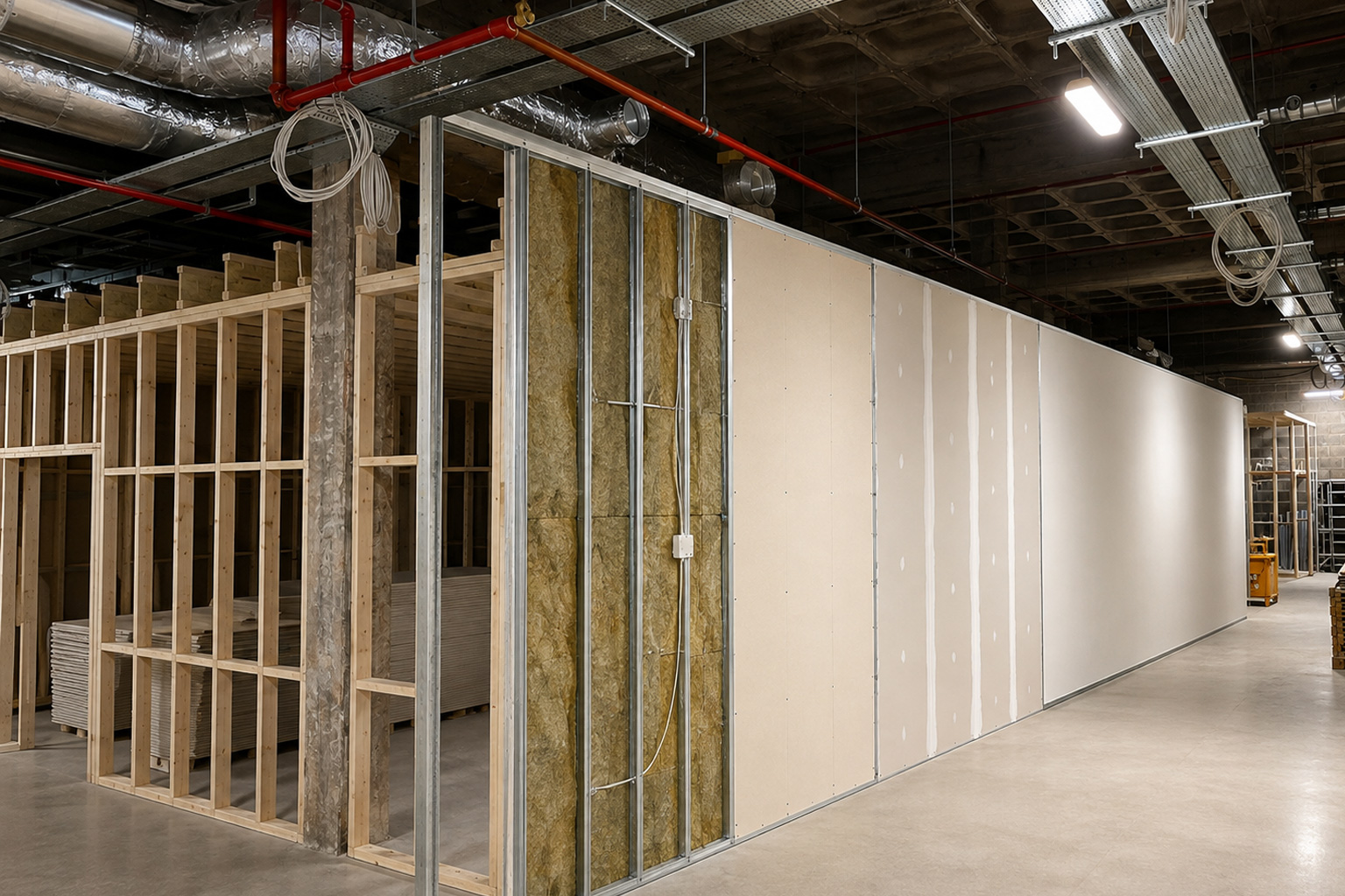 Metal stud partition with insulation, boarded one side