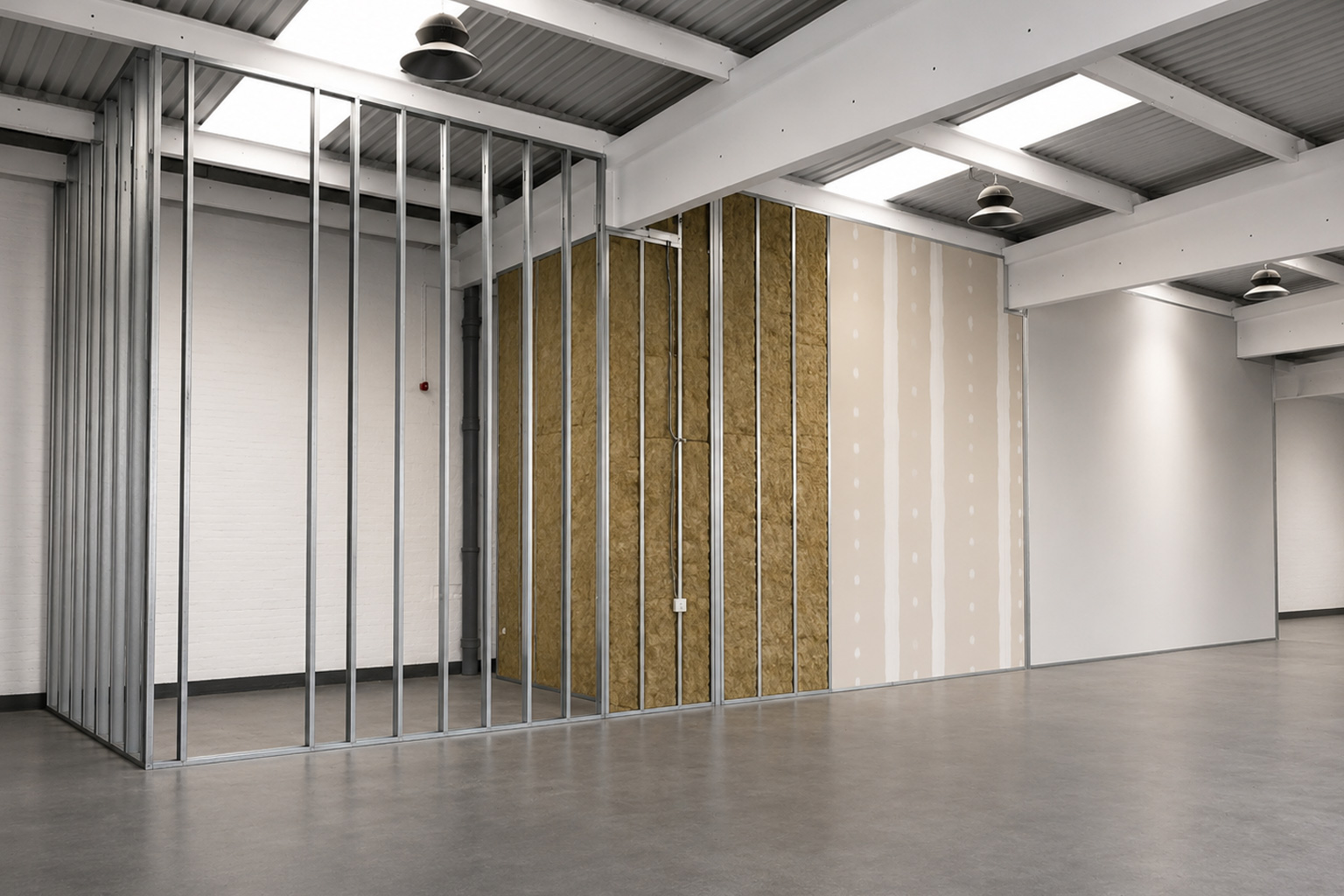 Partition frame and boards in a high-ceilinged unit
